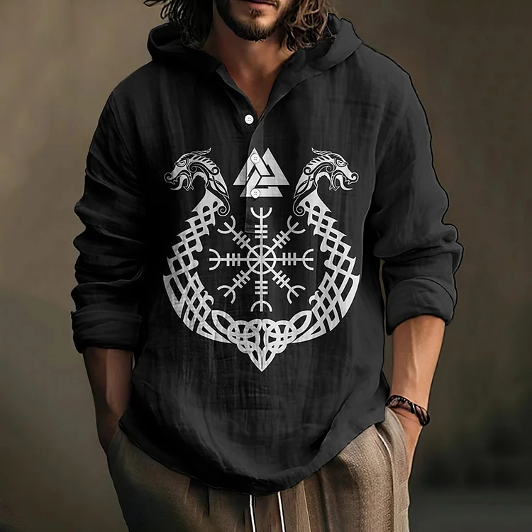 Vintage Viking Totem Art Men'S Linen Hooded Shirt