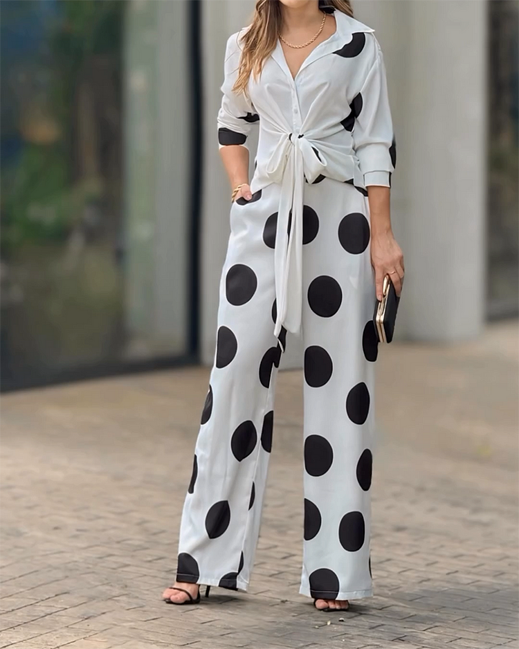 Long-sleeved Top and Trousers Round Print Two-piece Suit