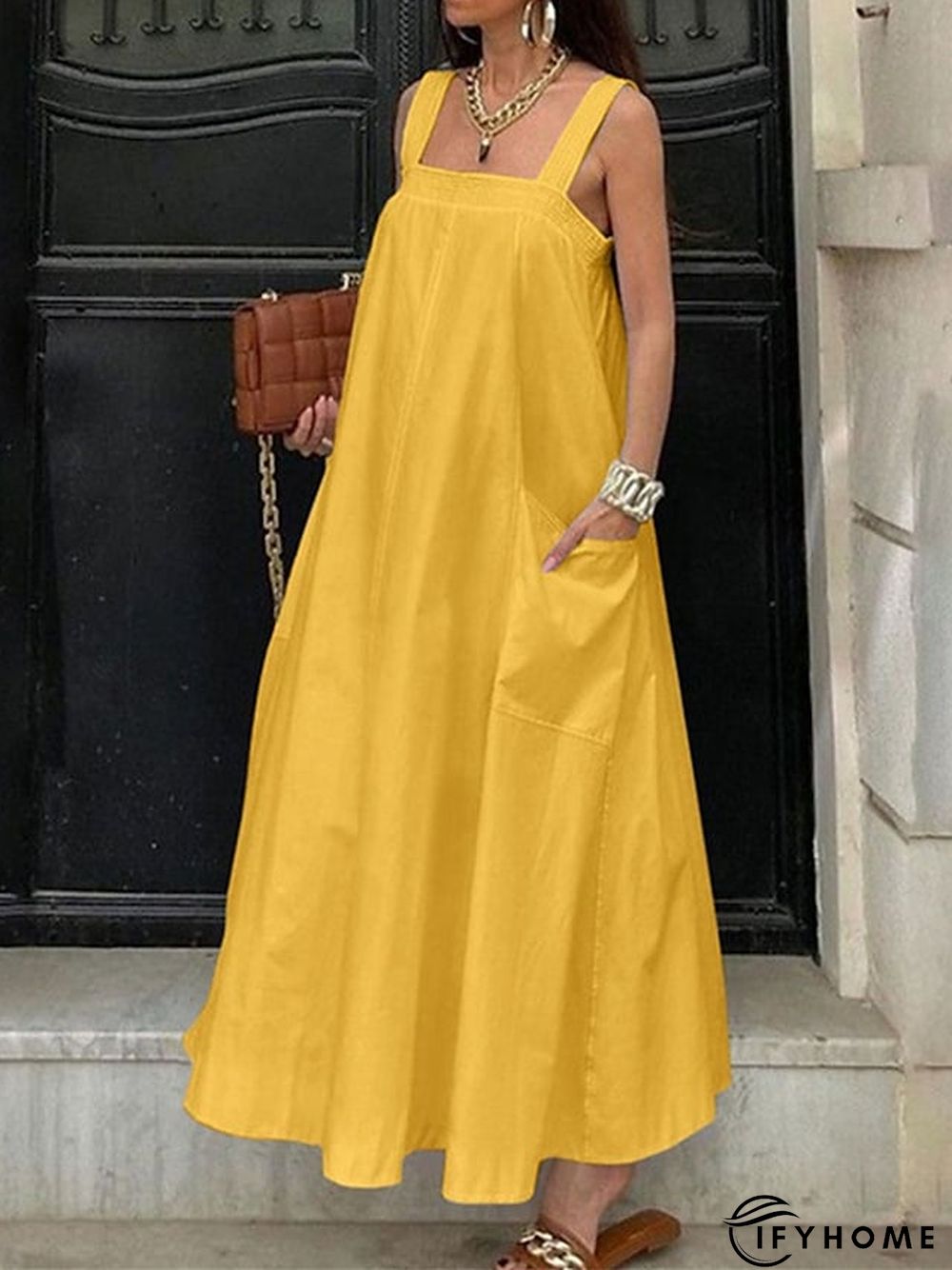 Women's Long Dress Maxi Dress Casual Dress Swing Dress Black Dress Pure Color Fashion Casual Outdoor Daily Date Backless Pocket Sleeveless Strap Dress Regular Fit Black White Yellow Spring Summer S M | IFYHOME