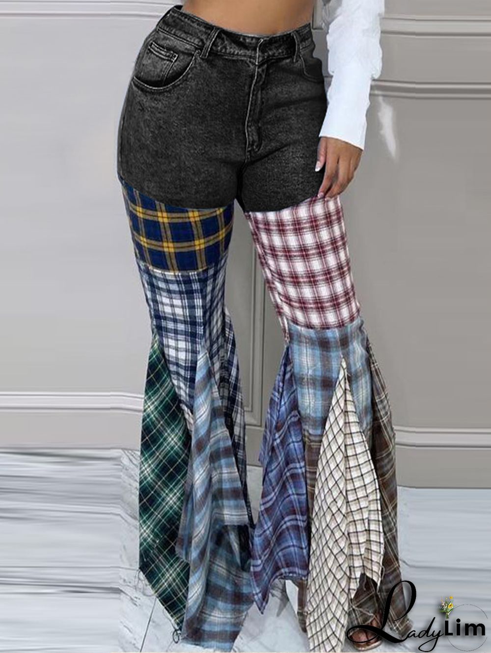 Fashion Plaid Patchwork Denim High Waisted Flared Pants