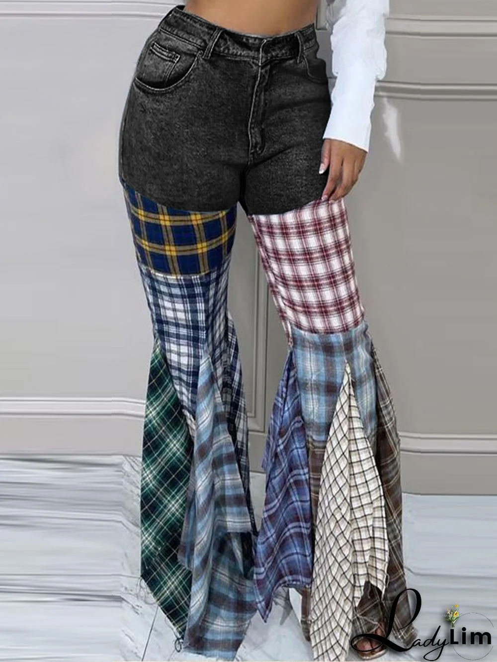 Fashion Plaid Patchwork Denim High Waisted Flared Pants
