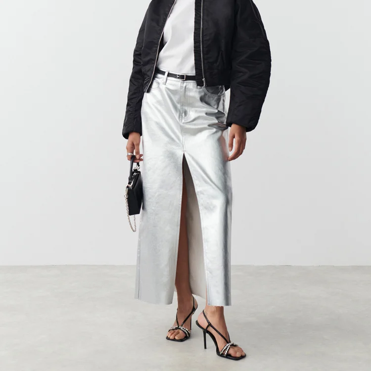 Churchf Churchf 2023 New Silver Slim Buttock Skirt Slit PU Leather Skirt Woman