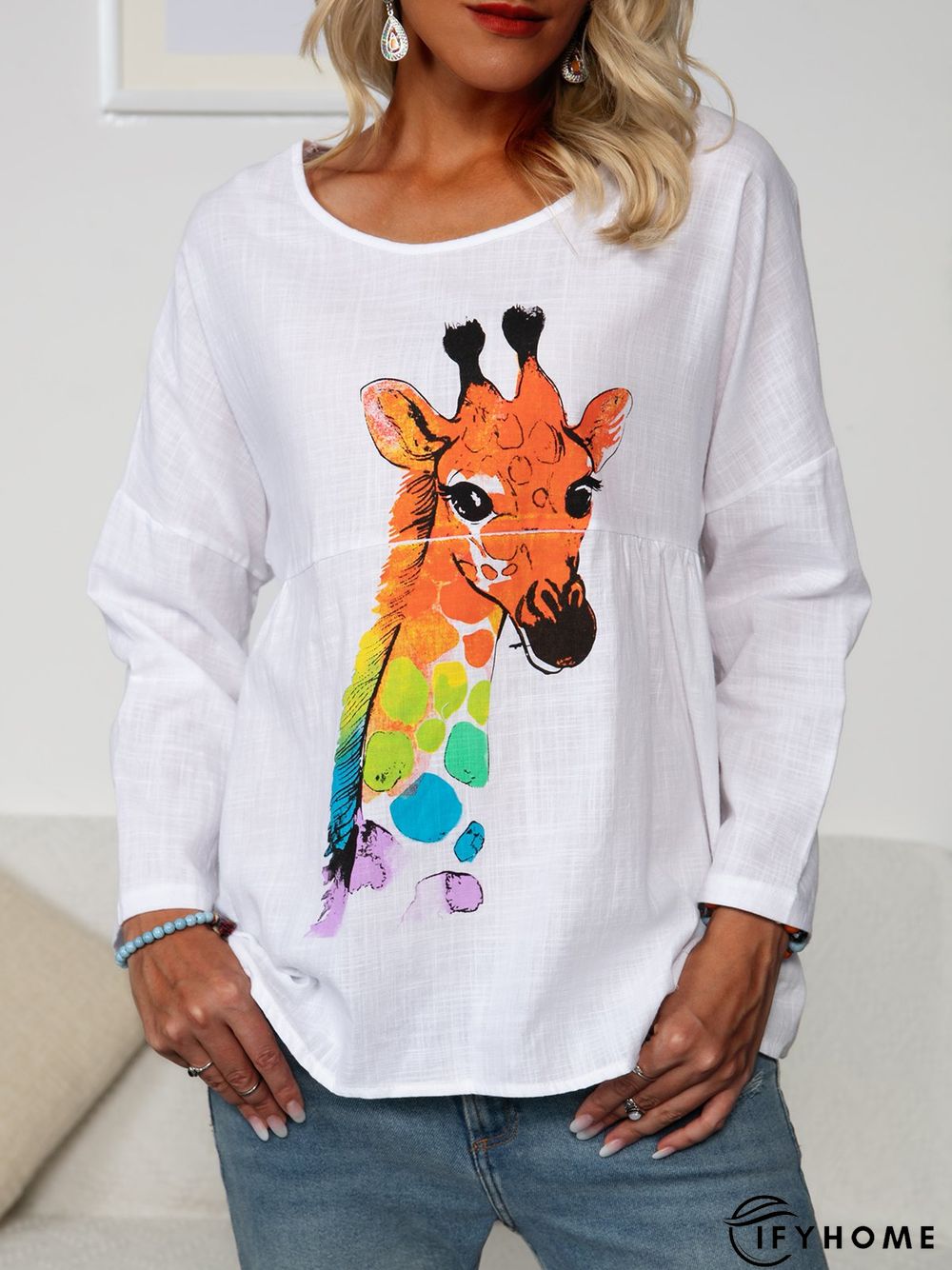 White Casual Daily Animal Printed Cotton-Blend A-Line T-shirt | IFYHOME