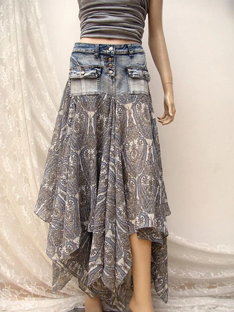 Boho High Waist Asymmetrical Hem Patchwork Denim Skirts