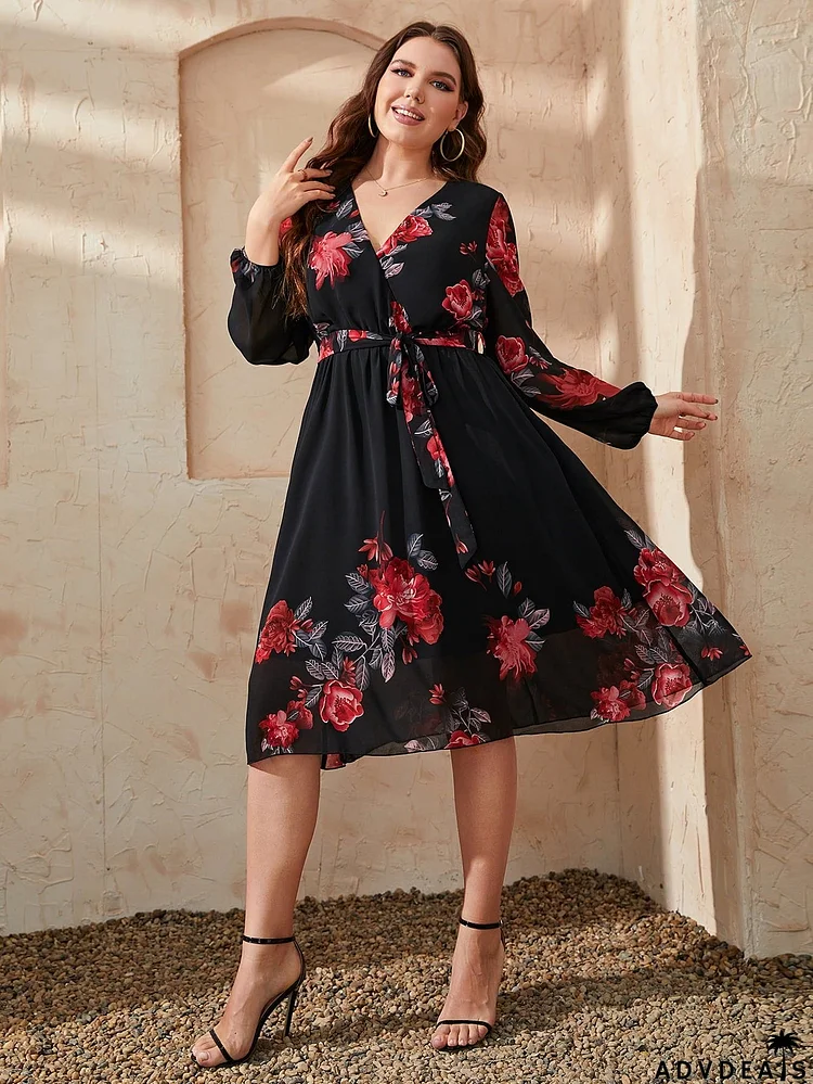 Plus Size Floral Surplice Neck Tie Waist Dress