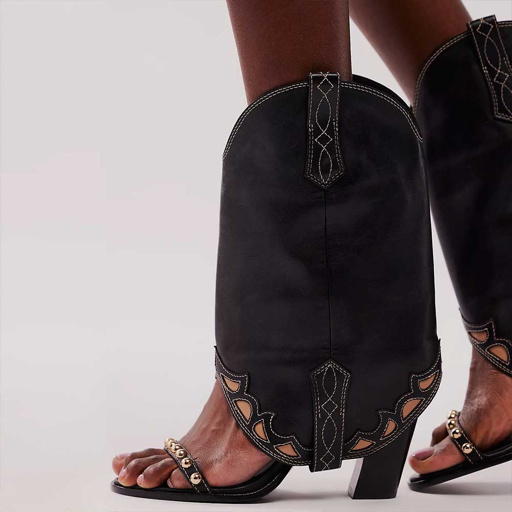 Black Square Toe 4'' Block Heel Fold Over Wide Calf Sandal Boots Nicepairs