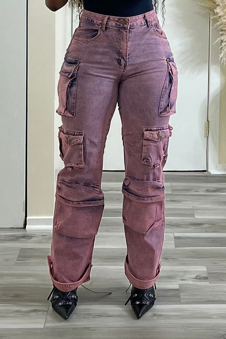 Plus Size Pink Daily Hight Waist Pockets Denim Cargo Pants [Pre-Order]