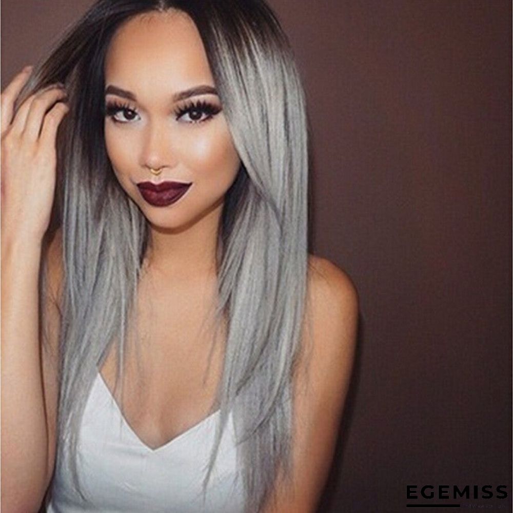 Black-gray Gradient Medium-long Hair Wig In Fake Headgear | EGEMISS