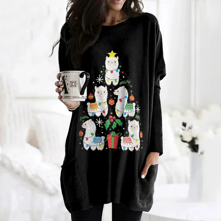 Wearshes Alpaca Christmas Tree Print Long Sleeve Tunic