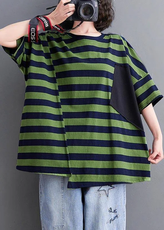 Vintage Green Striped asymmetrical design Cotton Summer Top