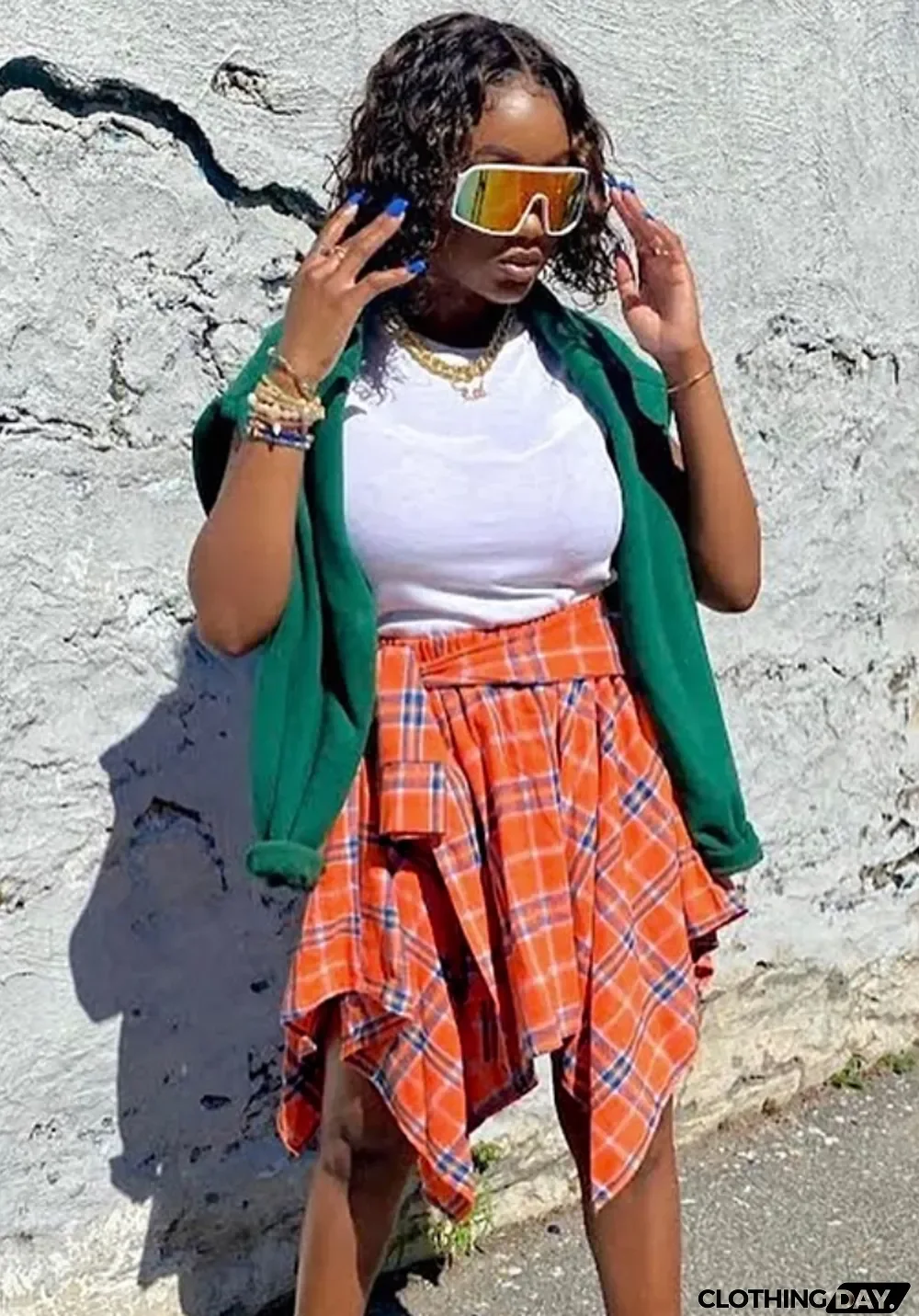 Women Summer Orange Preppy Style High Waist Plaid Print Belted Midi Asymmetrical Skirts