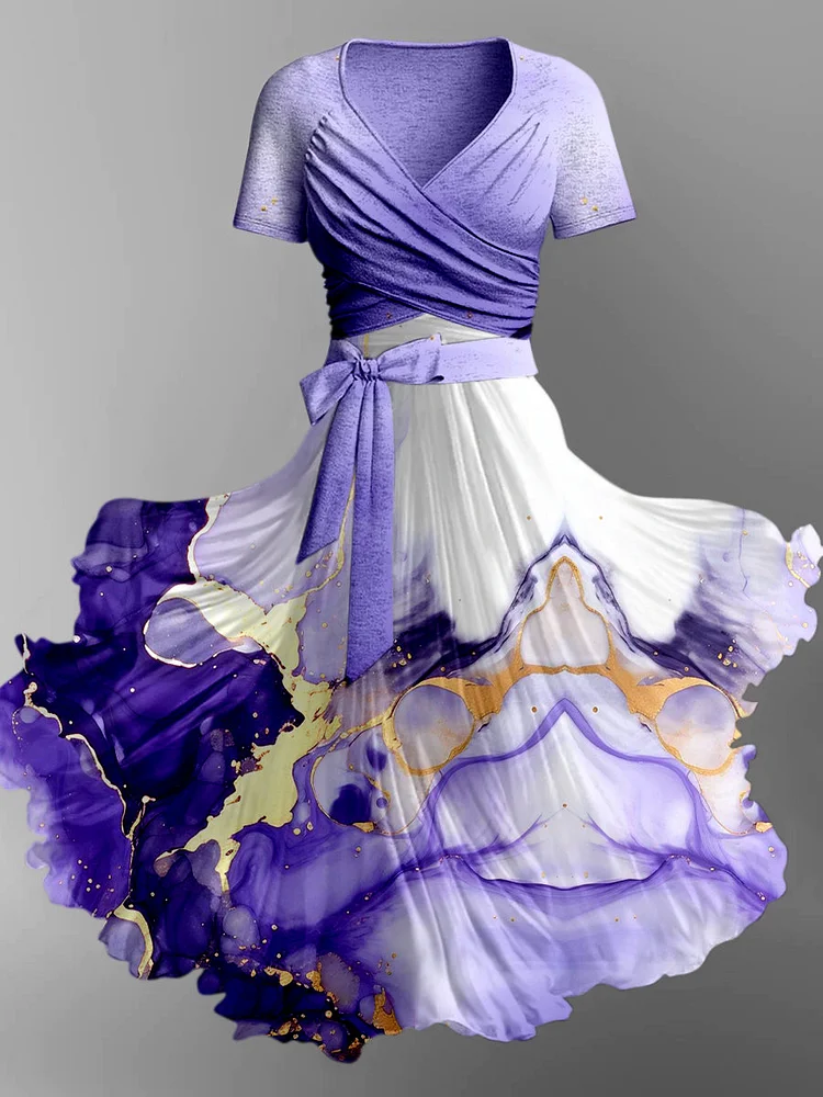 Fantasy Abstract Color Print Vintage V-Neck Short Sleeve Two-Piece Midi Dress