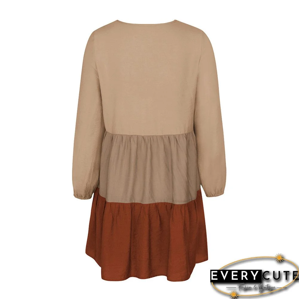 Orange Colorblock Button Up Long Sleeve Dress