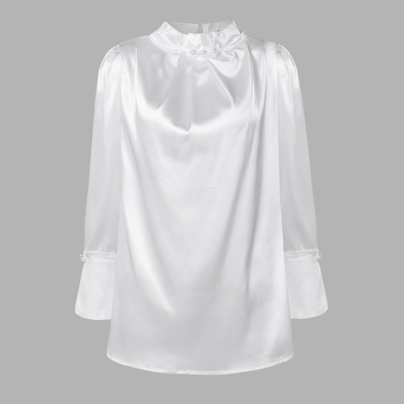 Celmia Women Satin Blouses Elegant Long Sleeve Silk Tops Pearl Stand Collar Female Office Shirts Solid Casual Blusas