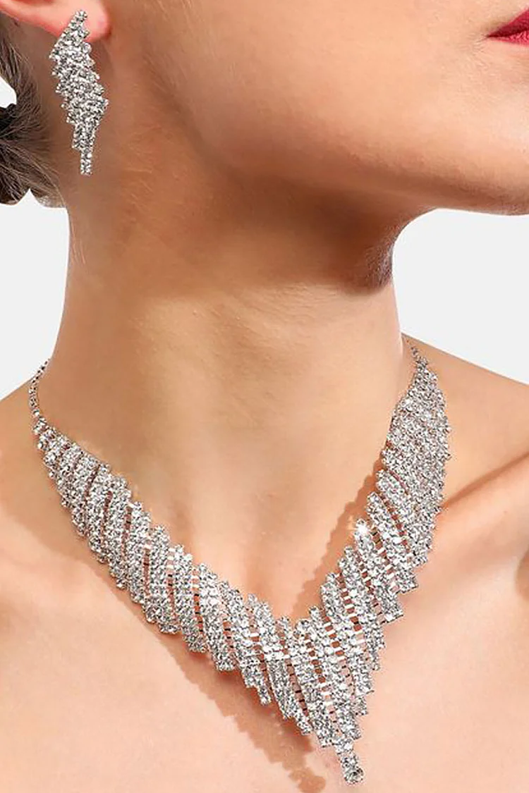 Wedding Rhinestone Shinny Necklace Earrings Two Piece Jewelry Set