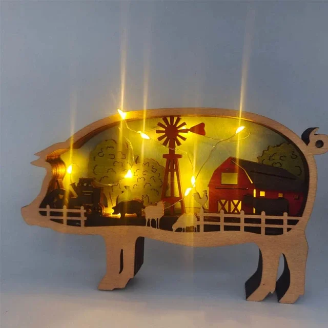 Piggy Totem Wooden Home Decoration 3D Carving Animal Night Light Carving Handcraft Gift