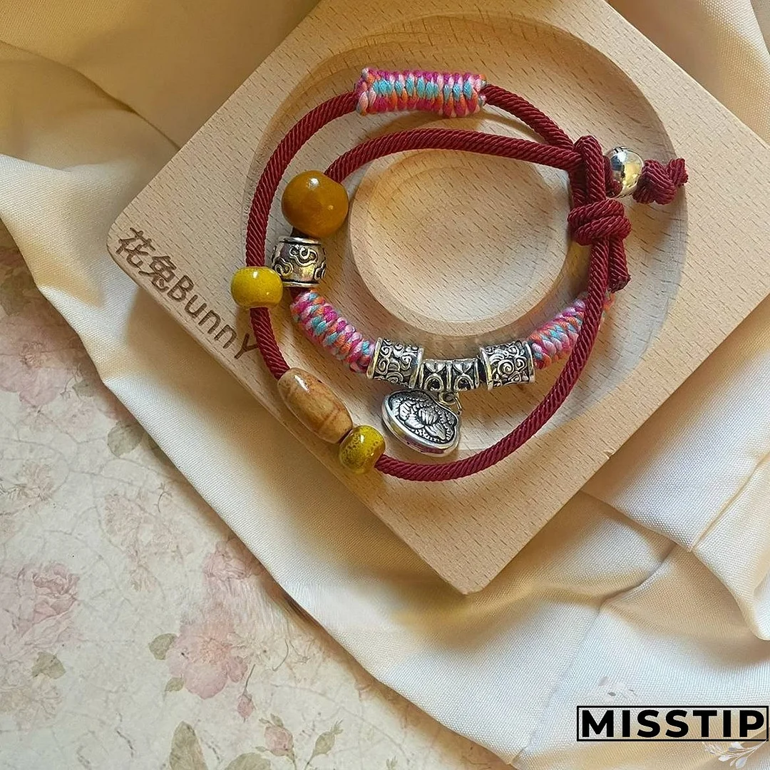 Tibetan Element New Style Woven Rope Bracelet Double Layer Retro Personalized Wooden Beads Design Feeling Pendant Bracelet National Style