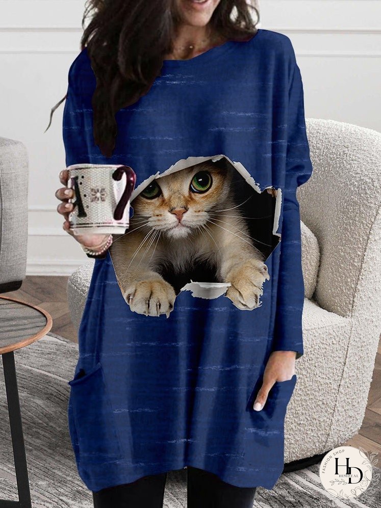 Dresses Cat Ripped Pocket Long Sleeve Dress for Women
