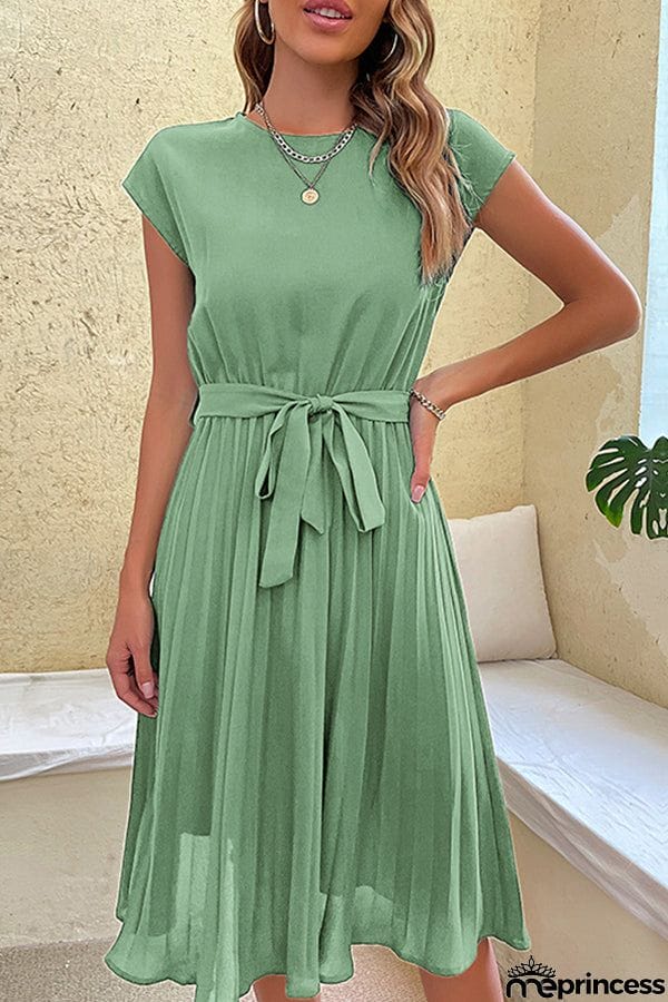 Summer vacation women's tie-up solid color pleated dress