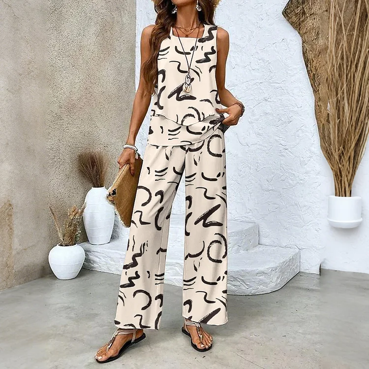 Utbros Abstract Art Print Sleeveless Double Layer Tank Pants Two Piece Set
