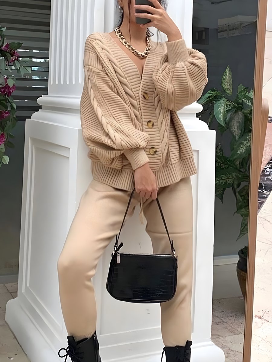 V Neck Cardigan Solid Color Suit