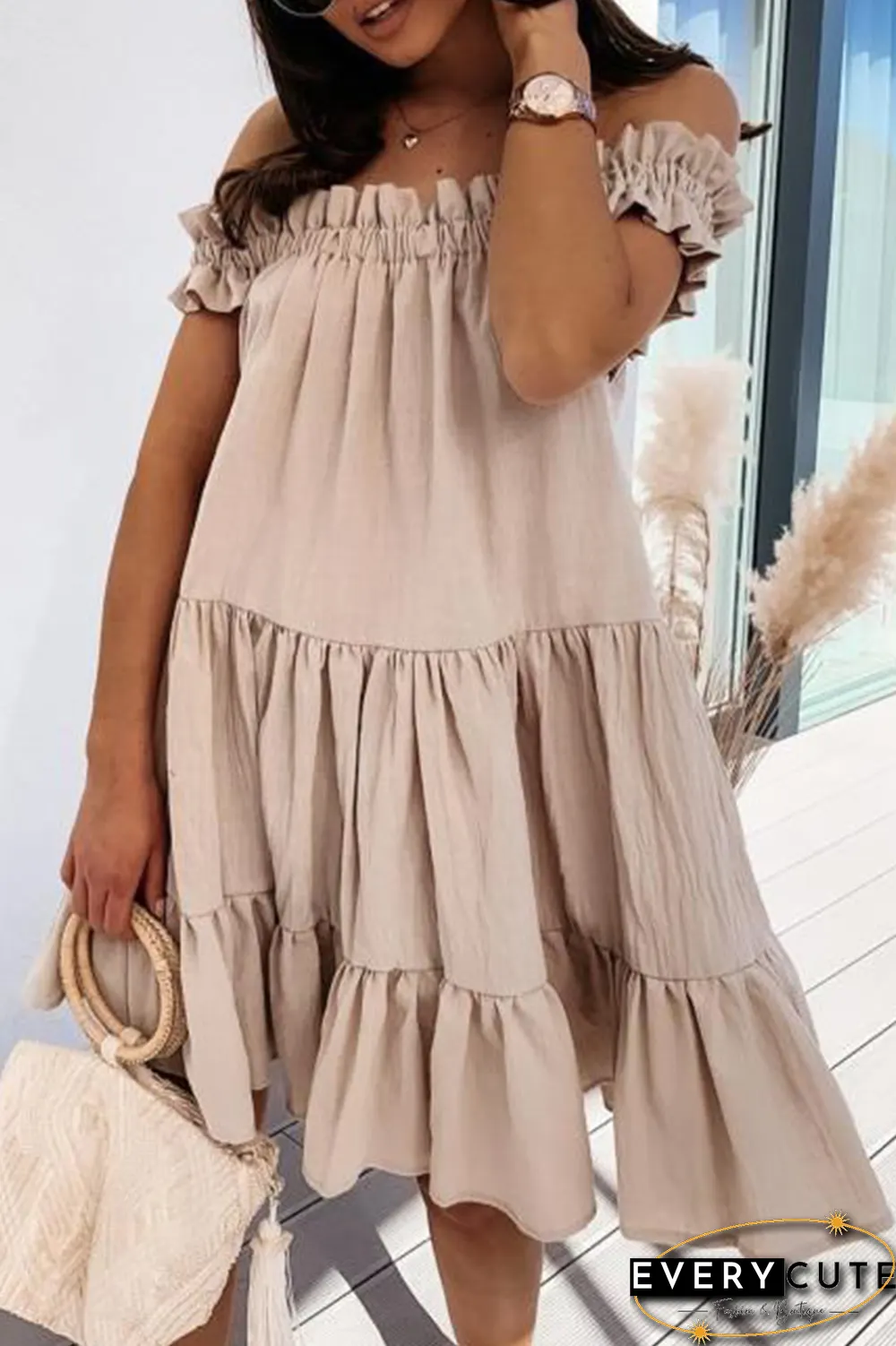 Sweet Solid Patchwork Flounce Off The Shoulder Cake Skirt Dresses(5 Colors)