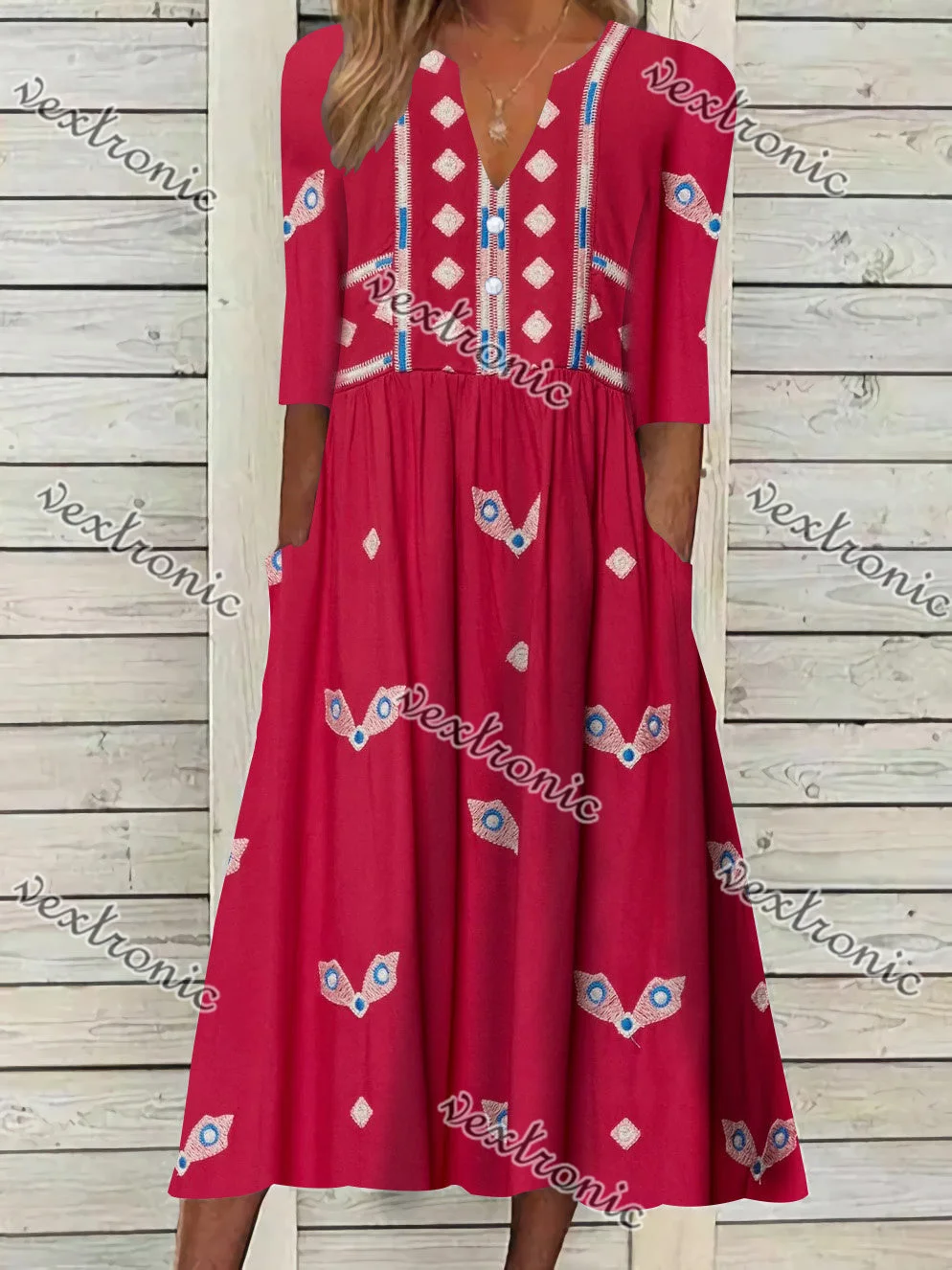 Women's Short Sleeve V-neck Red Floral Printed Midi Dress