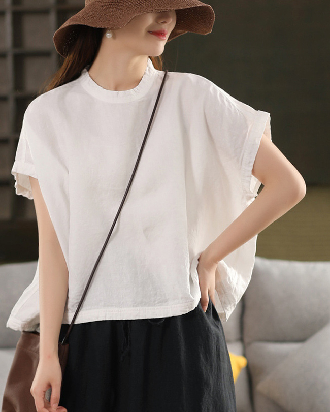 Round Neck Solid Color Loose Short Sleeve Linen Top