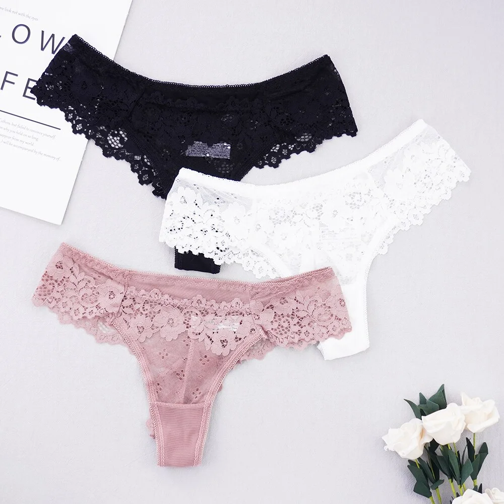 Billionm Sexy Lace Thong Low Waist Lace Transparent Panties Women Hollow out Breathable G String Briefs Bow Underwear Lingerie