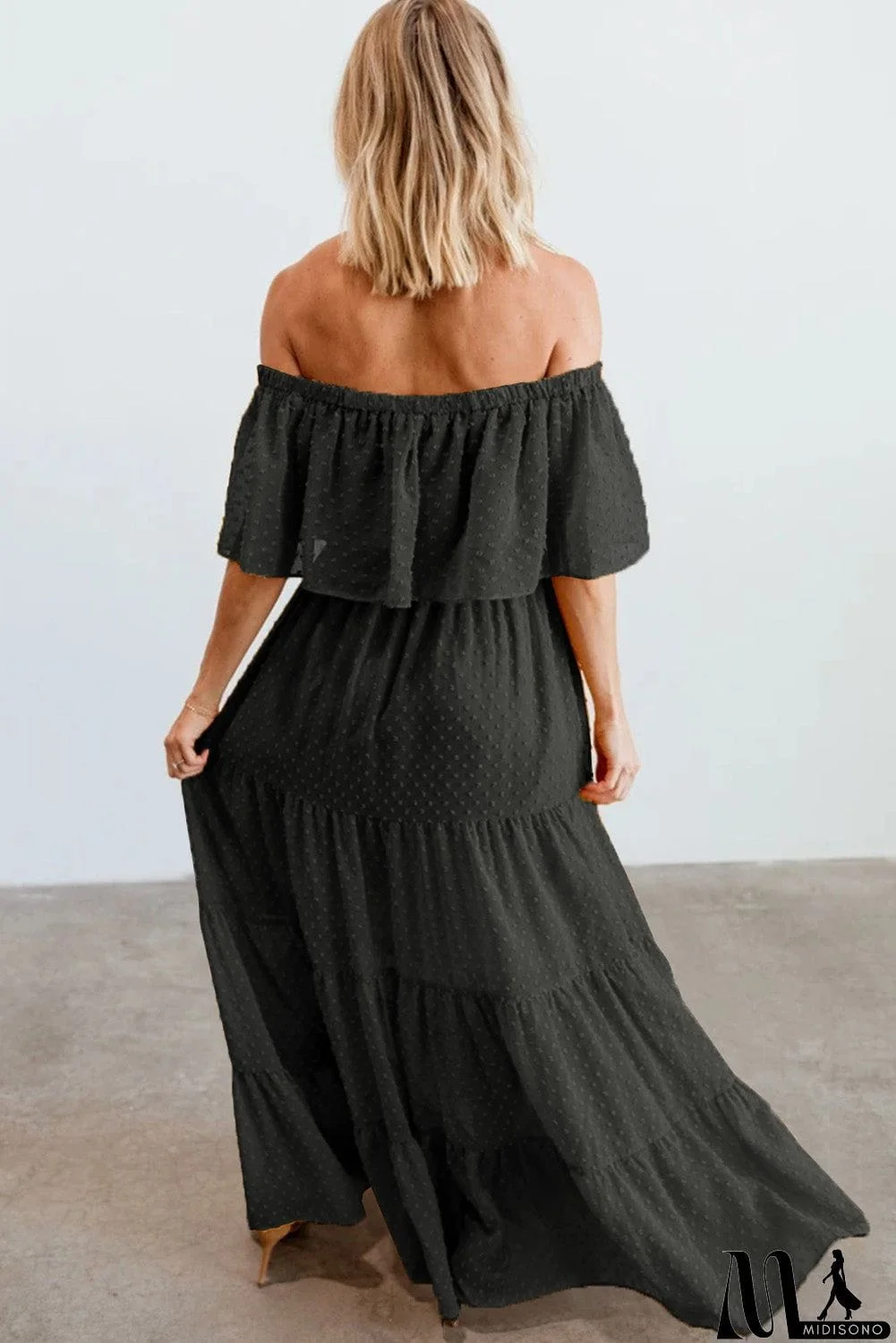 MidiSono - Rust Red Off Shoulder Ruffle Swiss Dot Maxi Dress