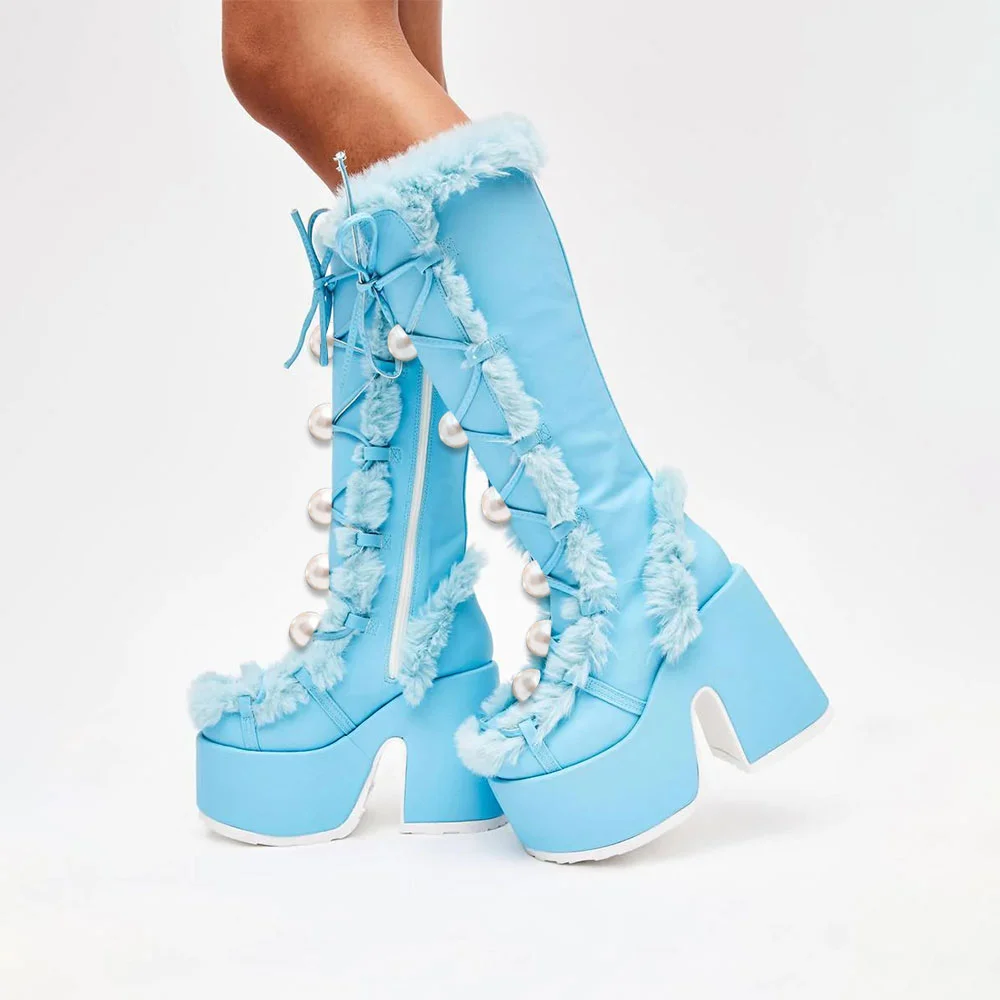 Autumn And Winter Blue Platform High Heels Chunky Ankle Boots