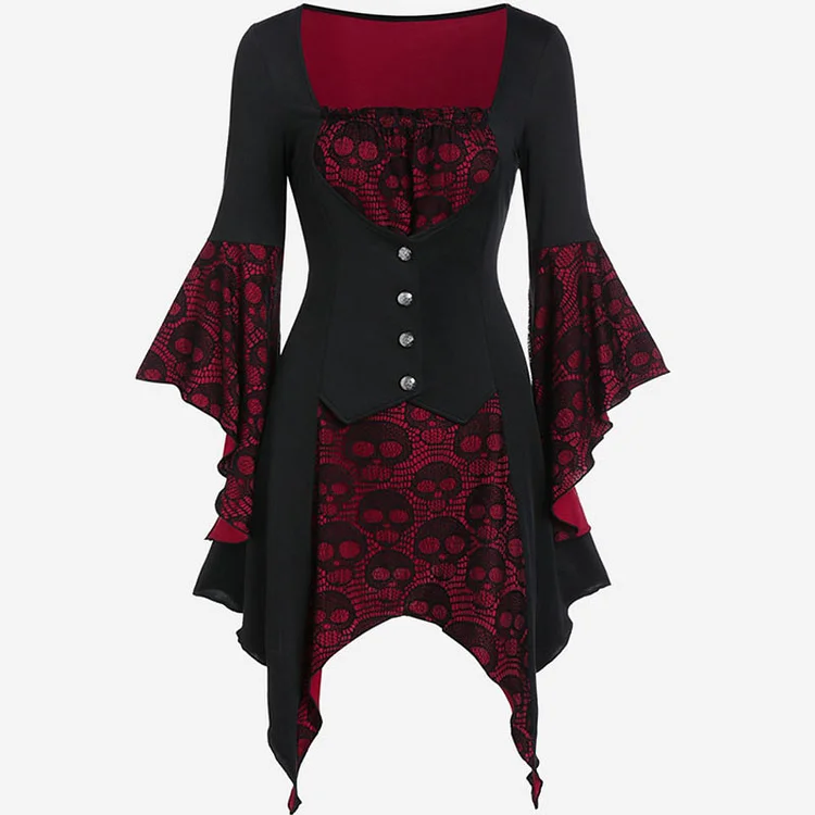 Square Collar Skeleton Print Lace Irregular Sleeve Lace Up Dress - Modakawa Modakawa