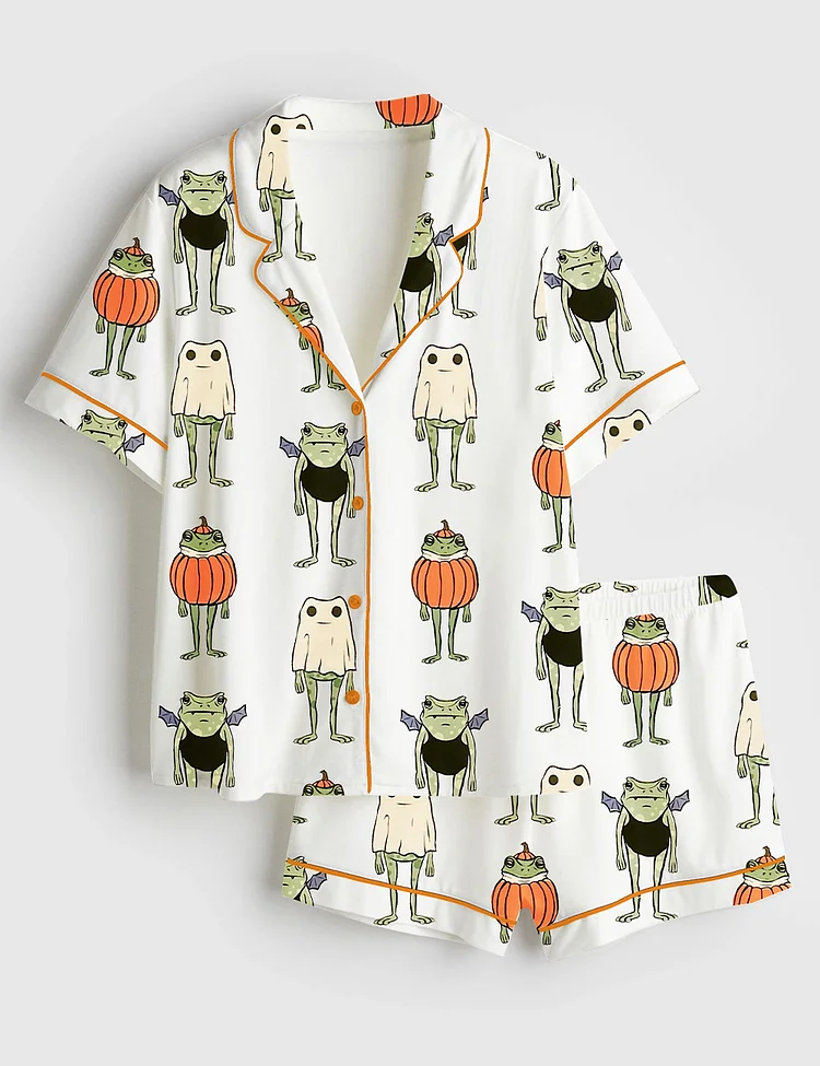 Women&rsquo;s Halloween Frogs Spooky Cute Toad And Frog In Pumpkin Ghost And Bat Short Sleeve Satin Pajama Set