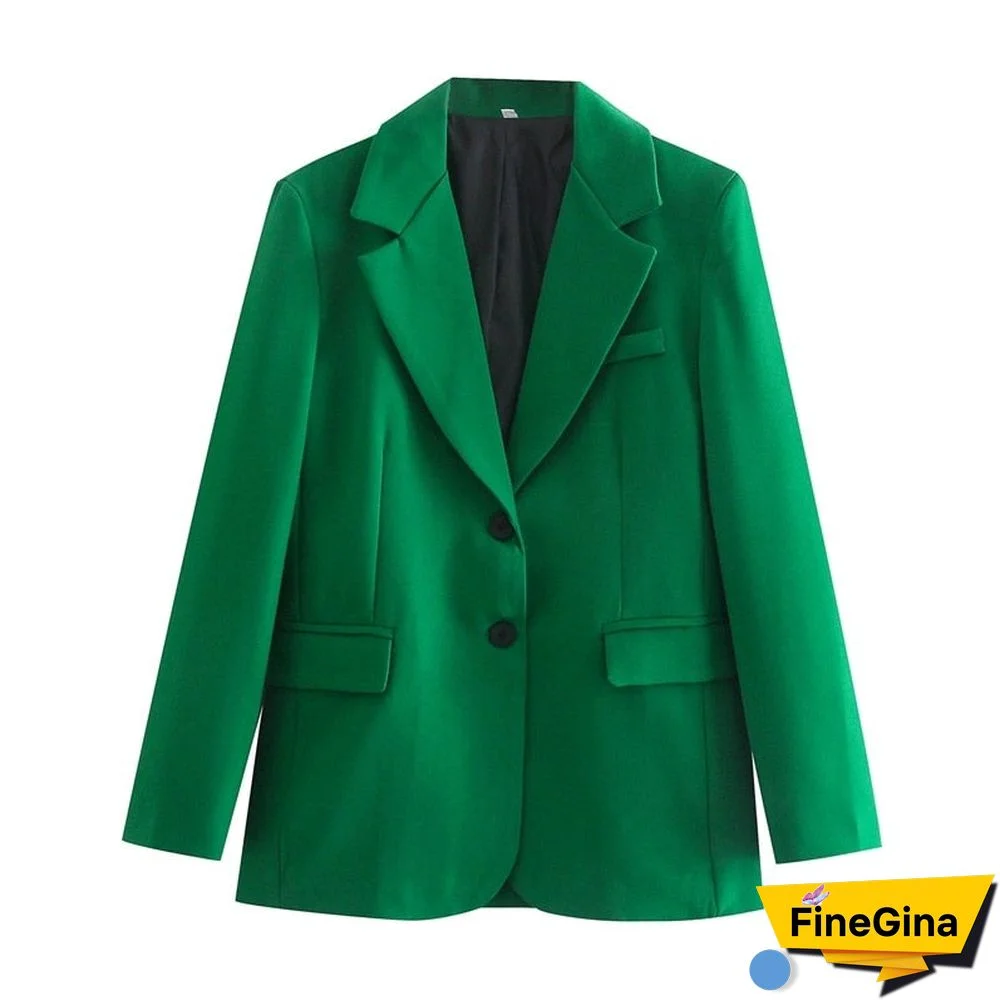 Tangada Women Solid Green Blazer Coat Vintage Notched Collar Pocket Fashion Female Casual Chic Tops QD58