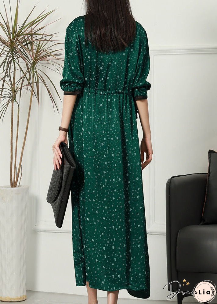 Women Green O Neck Print Patchwork Thin Silk Dresses Spring