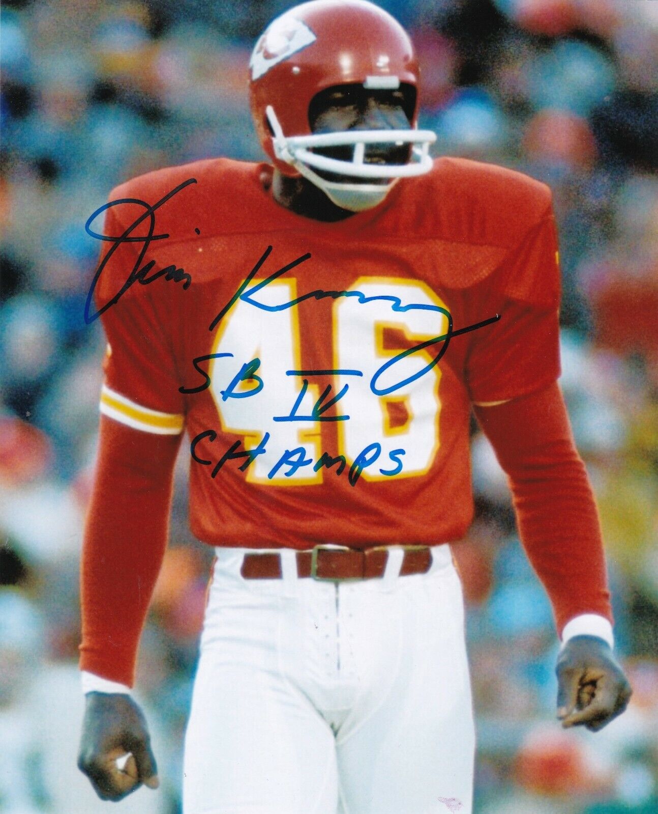 JIM KEARNEY KANSAS CITY CHIEFS SB IV CHAMPS ACTION SIGNED 8x10