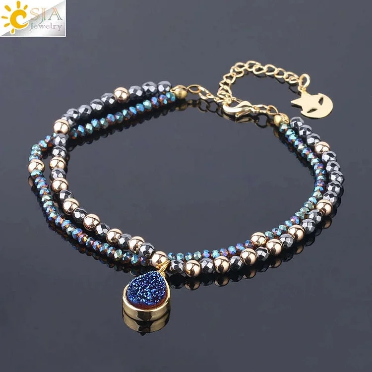 Natural Stone  Hematite Bracelets Geode Druzy Crystal Bracelet Summer Statement 2 Strand Beads Women Pulsera Jewelry S235