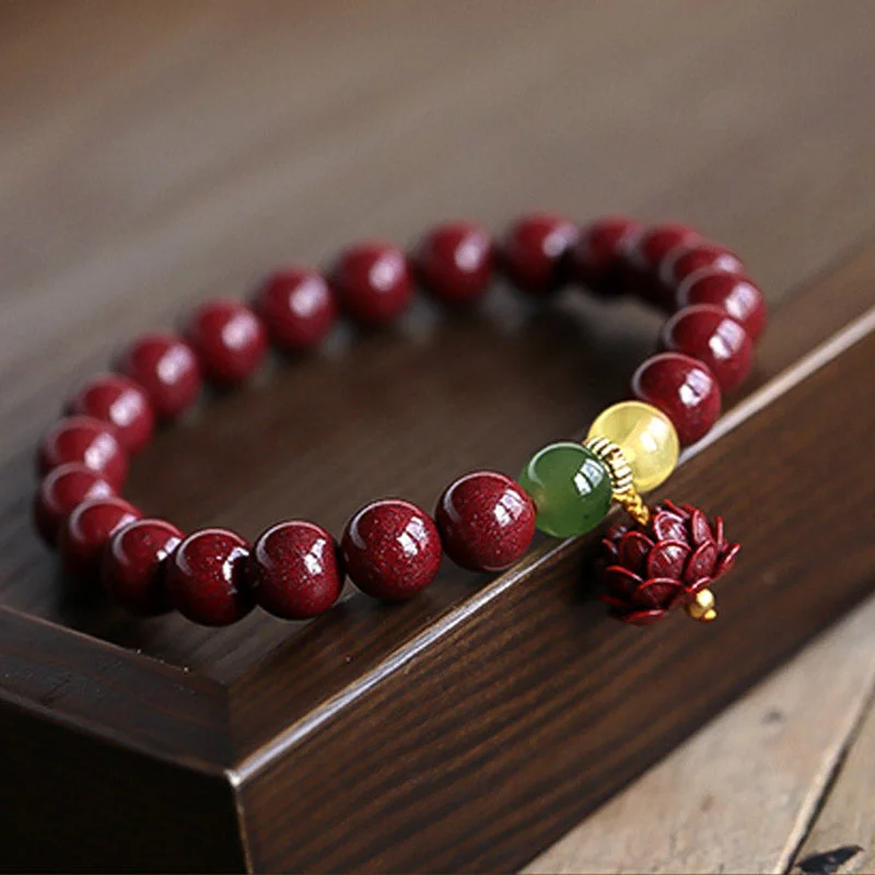 Natural Cinnabar Lotus Luck Blessing Charm Bracelet