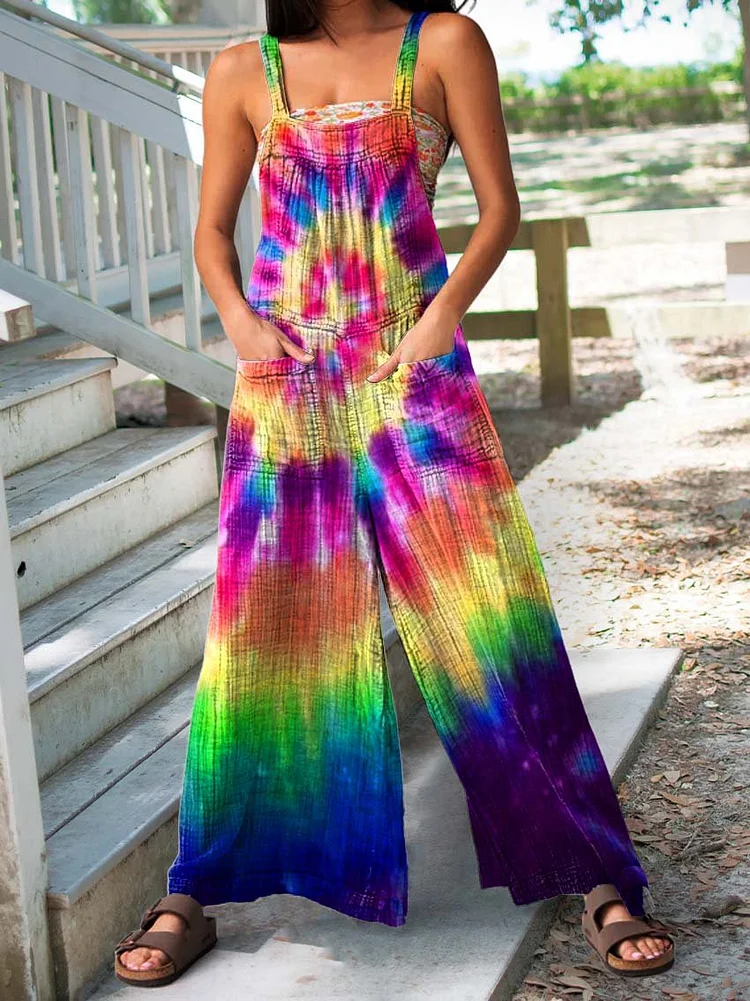 Women's Tie Dye Print Casual 100% Cotton Wide Leg Jumpsuit