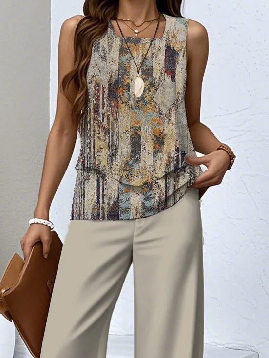 Women's Sleeveless Square Collar Graphic Printed Casual Set