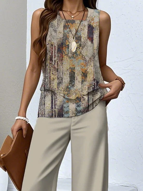 Women's Sleeveless Square Collar Graphic Printed Casual Set