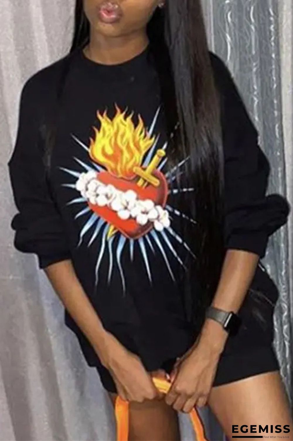 Black Fashion Casual Print Basic O Neck Long Sleeve Plus Size Dresses | EGEMISS