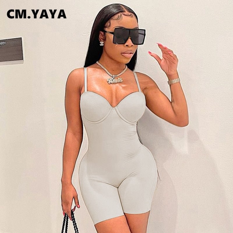 CM.YAYA Women Playsuits Solid Strap Bodycon Rompers Cleavage Sexy Fashion One Piece Overalls Stylish Outfits New Spring 2022