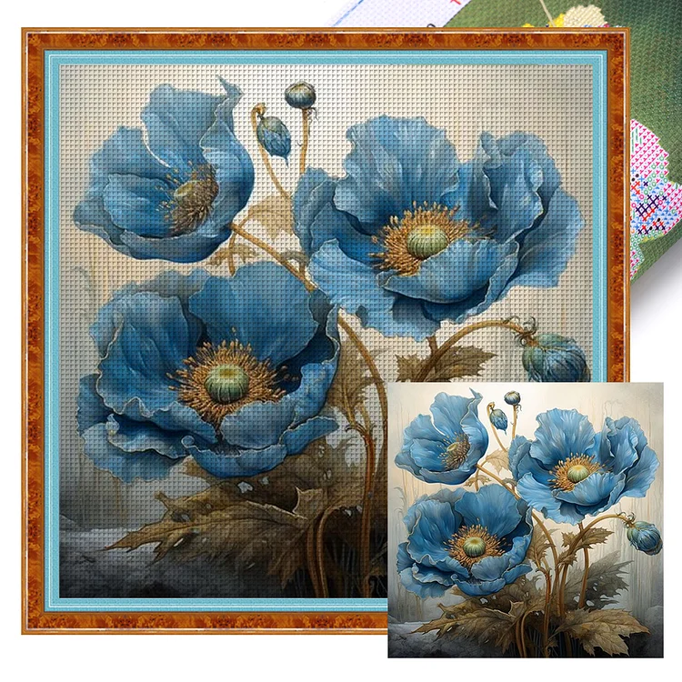 Elegant Blue Flowers (40*40cm) 11CT Stamped Cross Stitch gbfke