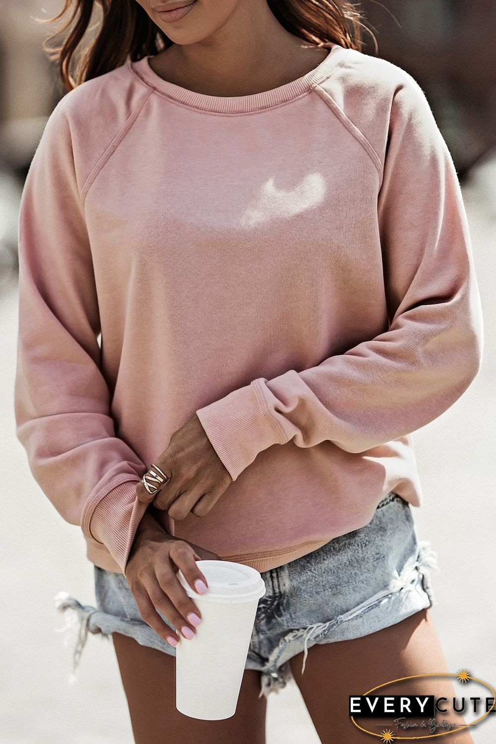 Pink French Terry Cotton Blend Pullover Sweatshirt