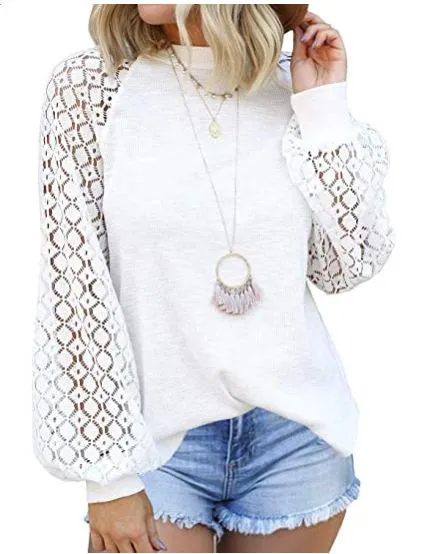 2022 New Solid T Shirt Women Fashion Lace Patchwork O Neck Long Sleeve Streetwear Loose Tops Female Casual Oversized Tee Shirt