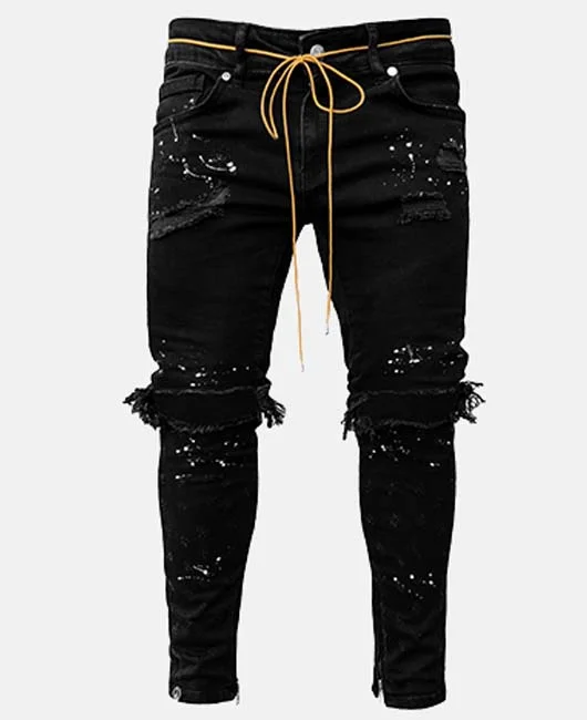 Denim Ripped Raw Edge Lace Up Decor Pencil Jeans 