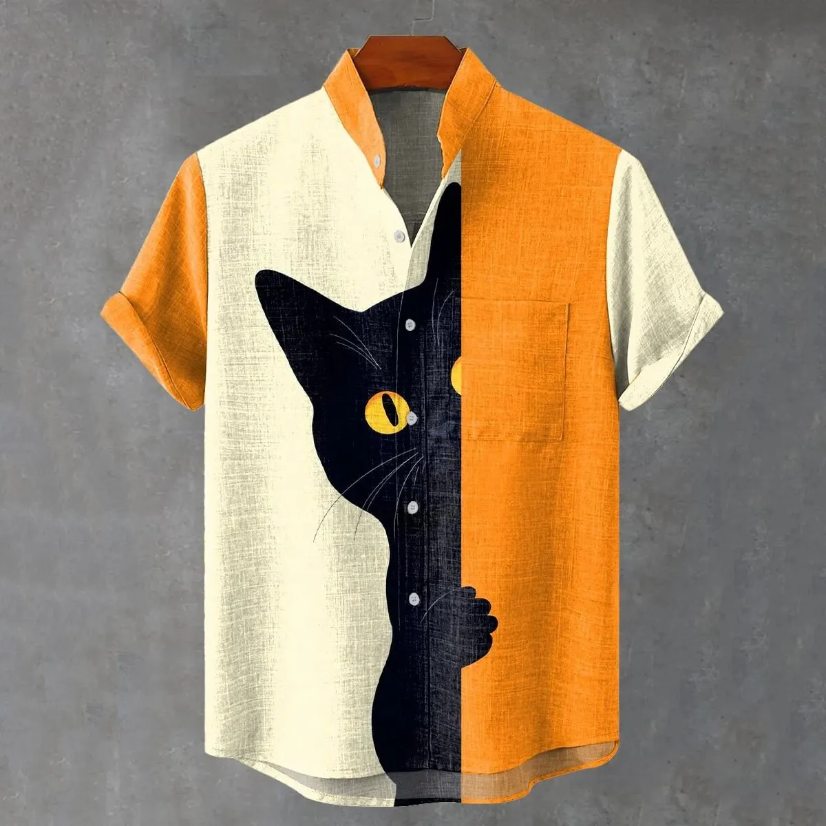 Men's Vintage Black Cat Contrast Art Short Sleeve Shirt  artssus