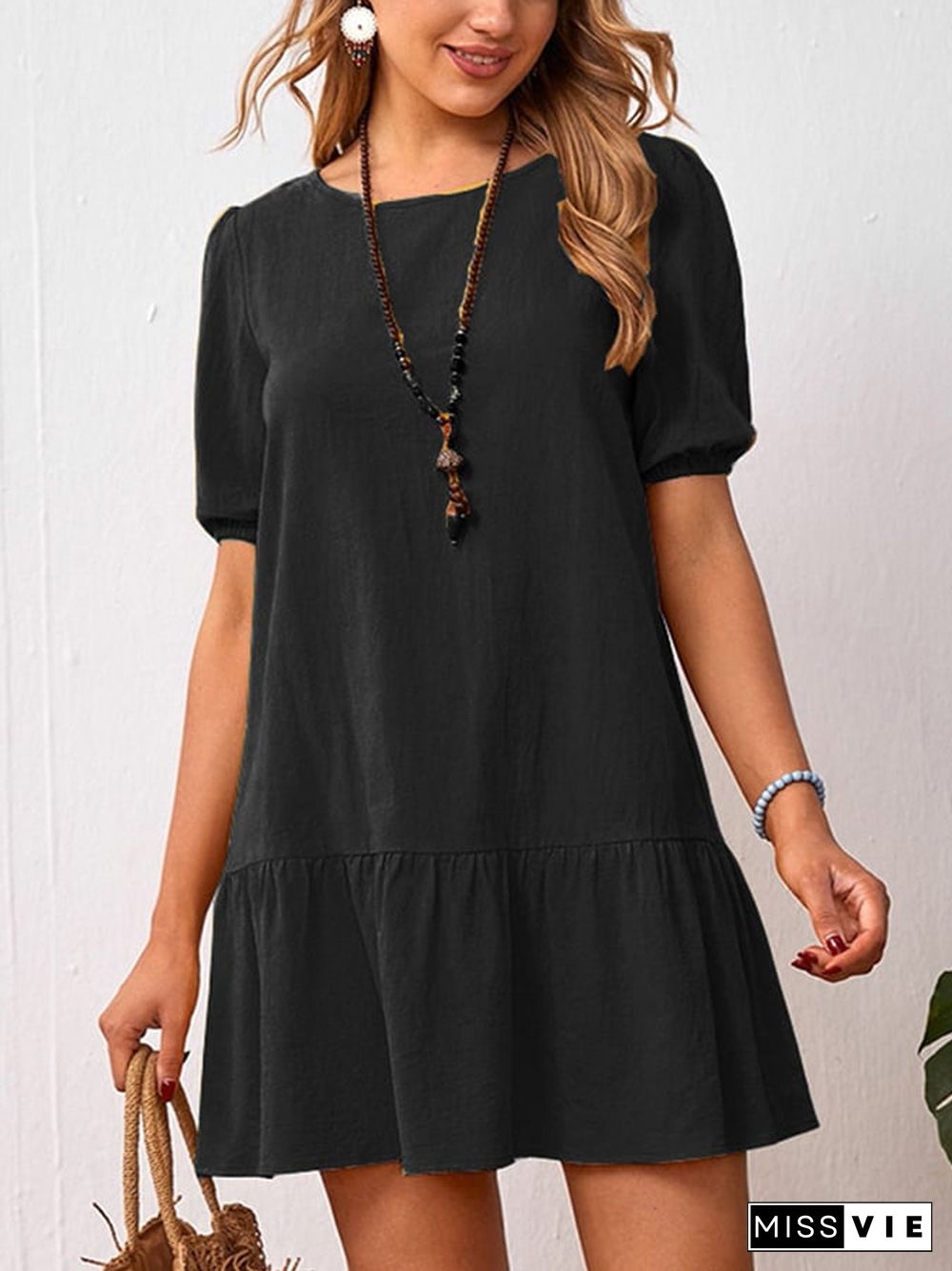Solid Loose Waist Round Neck Dress