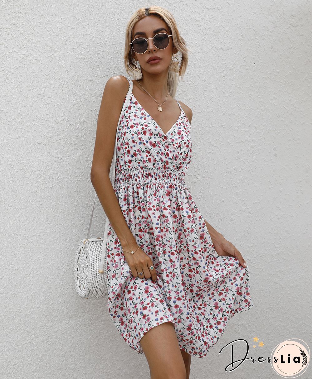 Summer Halter Print V-neck Dress Women Sleeveless Backless Beach Vacation Beach Dress Vestidos Elegantes Para Mujer